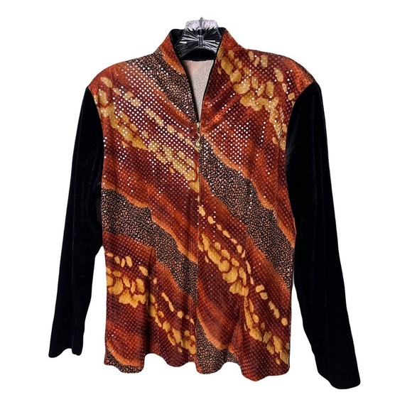 Multicolored Animal Print Sequin Velvet Quarter Zip Top, Medium - Picture 1 of 6